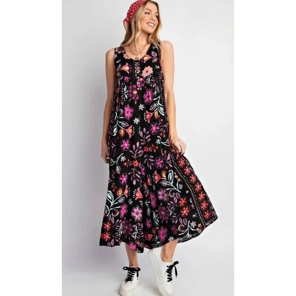 Easel Los Angeles Floral Wide Leg Jumpsuit Black Pink Boho Sleeveless Large